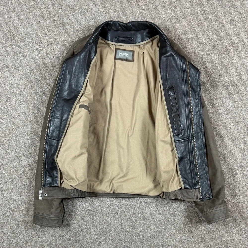Vintage Wilsons Brown Leather Full Zip Bomber Jacket Men’s XL Contrast Collar